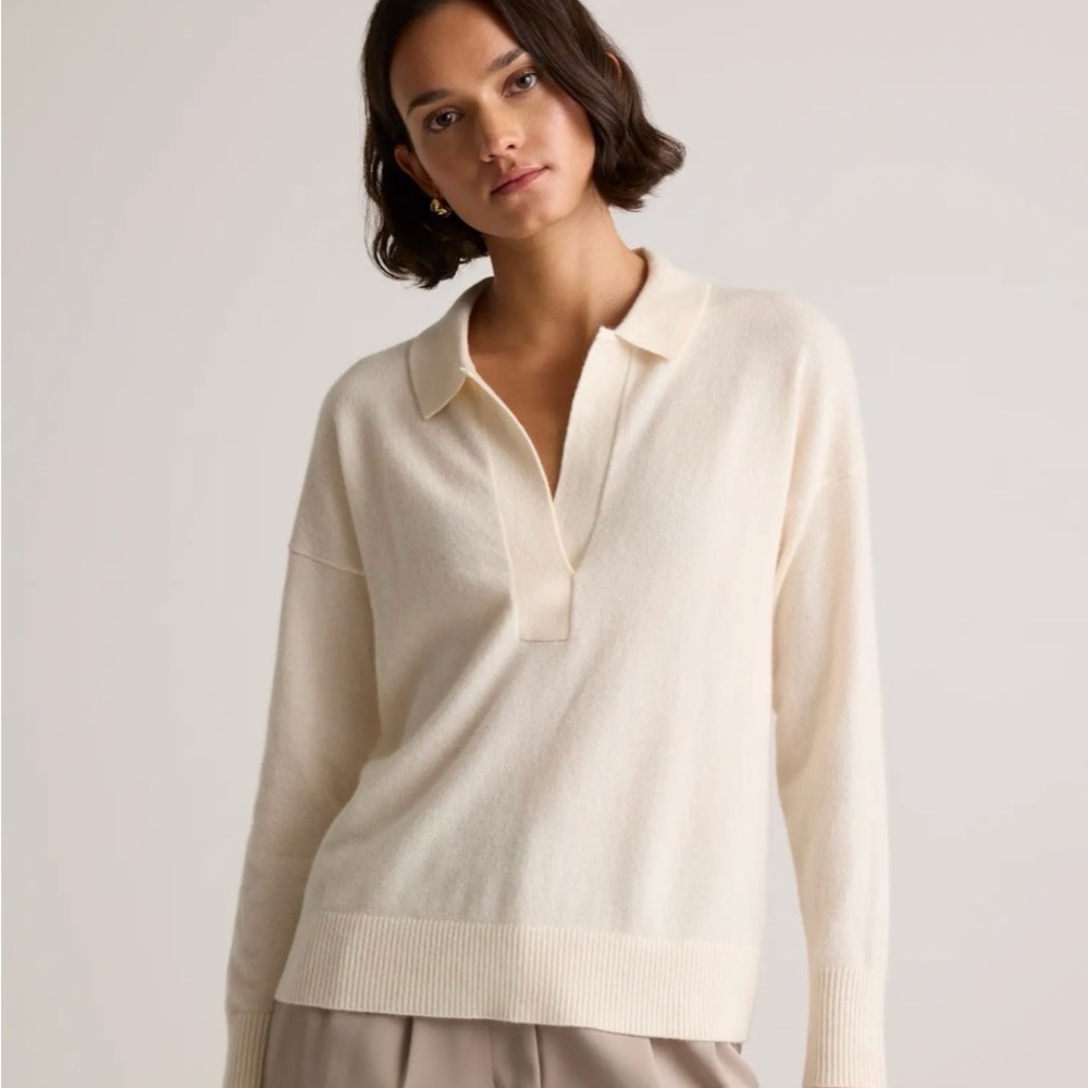 NEW NWT Quince Women's Mongolian Cashmere V-Neck Collared Ivory Cream Sweater - Picture 9 of 10